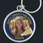 Navy Blue Gold Cheerleader Photo High School Keychain<br><div class="desc">This cool customized high school cheerleader photo gift features gold typography of your team and player name on a navy blue keychain with a cheer megaphone. Personalize with your student's photograph and class year as a proud cheerleading parent. A great gift for a mom or dad.</div>