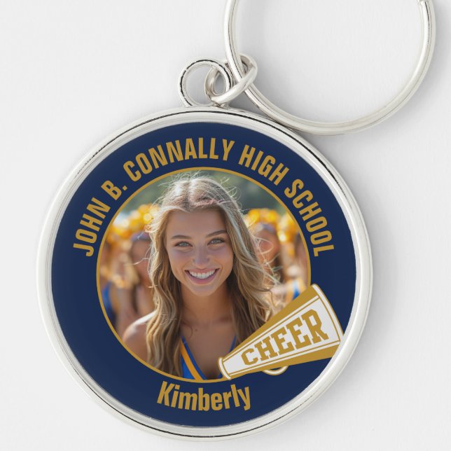 Navy Blue Gold Cheerleader Photo High School Keychain (Front)