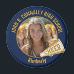 Navy Blue Gold Cheerleader Photo High School Magnet<br><div class="desc">This cool customized high school cheerleader photo gift features gold typography of your team and player name on a navy blue magnet with a cheer megaphone. Personalize with your student's photograph and class year as a proud cheerleading parent. A great gift for a mom or dad.</div>