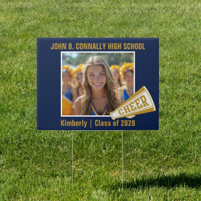 Navy Blue Gold Cheerleader Photo High School Yard Sign (Insitu)