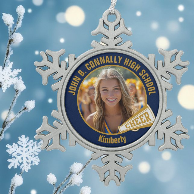 Navy Blue Gold Cheerleader Photo Snowflake Pewter Christmas Ornament (Creator Uploaded)