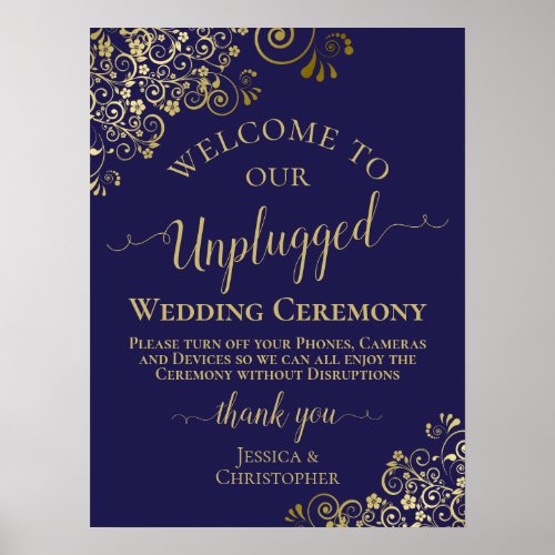 Navy Blue  Gold Chic Unplugged Wedding Ceremony Poster