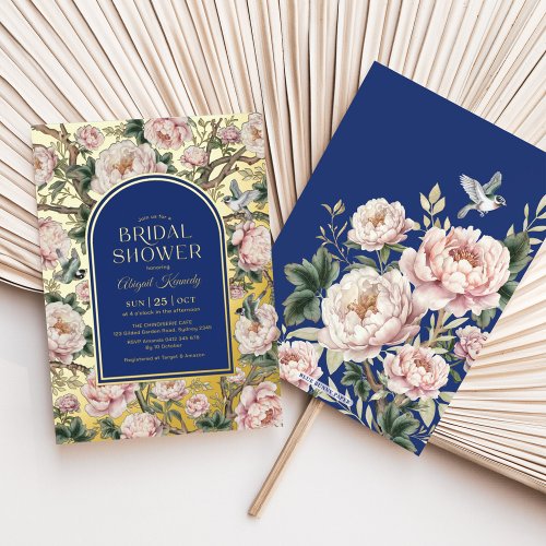 Navy Blue Gold Chinoiserie Flowers Bridal Shower Foil Invitation