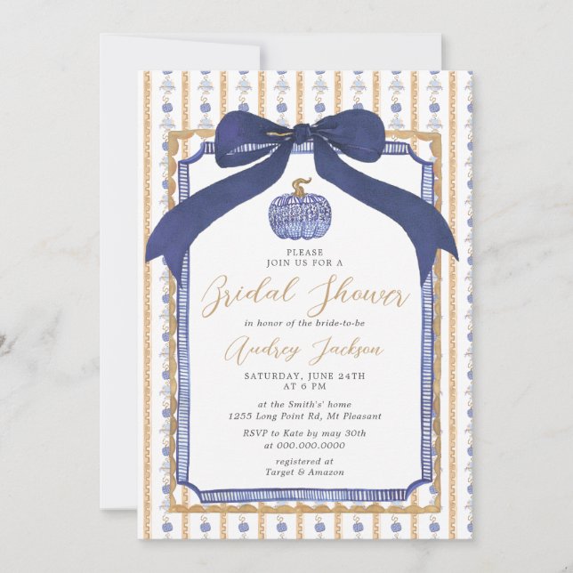 Navy Blue & Gold Chinoiserie Pumpkin Bridal Shower Invitation (Front)