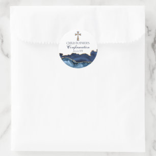 Navy Blue Gold Christian Cross Confirmation Party Classic Round Sticker