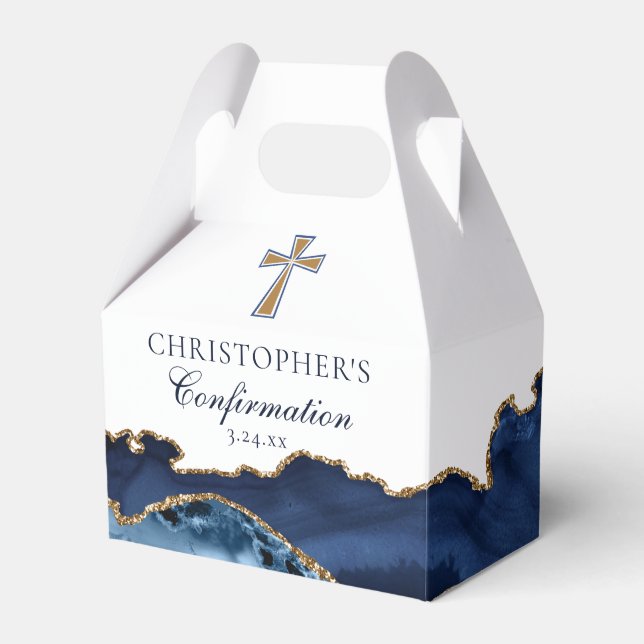 Navy Blue Gold Christian Cross Confirmation Party Favor Boxes (Front Side)