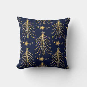 Navy Blue Gold Christmas Tree Star Pattern Throw Pillow