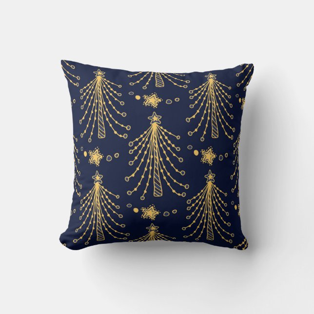 Navy Blue Gold Christmas Tree Star Pattern Throw Pillow (Front)