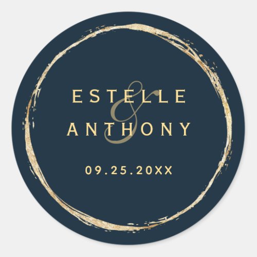 Navy Blue Gold Circle Frame Ampersand Wedding Classic Round Sticker