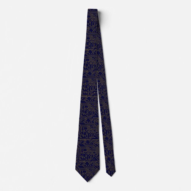 Navy Blue Gold Circuit Board Men's  Neck Tie (Front)