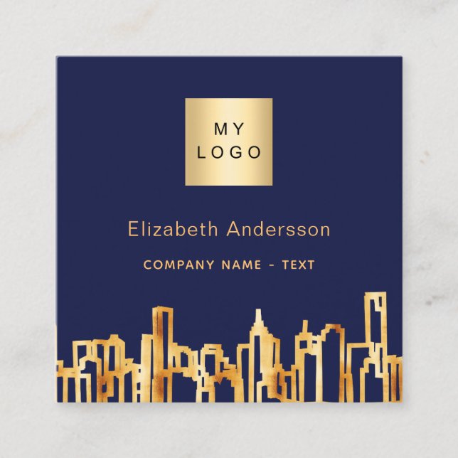 Navy blue gold city skyline modern qr code logo square business card (Front)