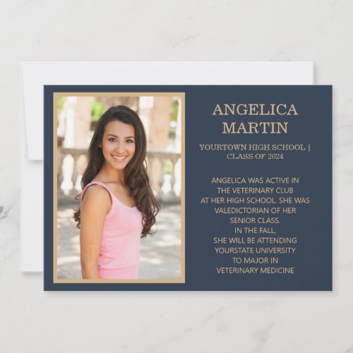 Navy Blue Gold Class 2024 Graduation Photo Announcement