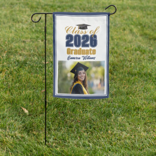 Navy Blue Gold Class of 2026 Graduate Photo Garden Flag