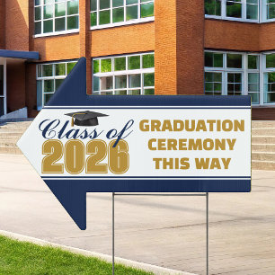 Navy Blue Gold Class of 2026 Graduation Arrow Yard Sign