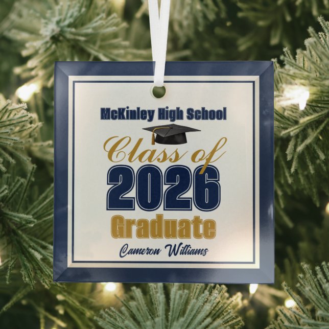 Navy Blue Gold Class of 2026 Graduation Glass Ornament (Insitu)
