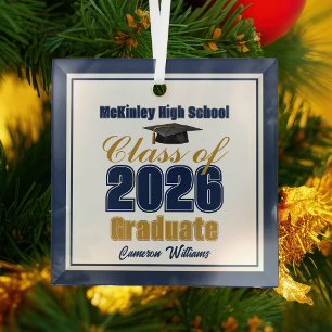 Navy Blue Gold Class of 2026 Graduation Glass Ornament