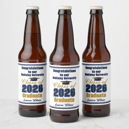 Navy Blue Gold Class of 2026 Graduation Party Beer Bottle Label | Z-Feed