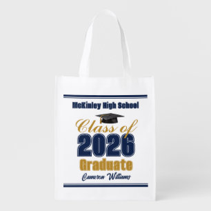 Navy Blue Gold Class of 2026 Graduation Party Grocery Bag