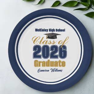 Navy Blue Gold Class of 2026 Graduation Party Paper Plates