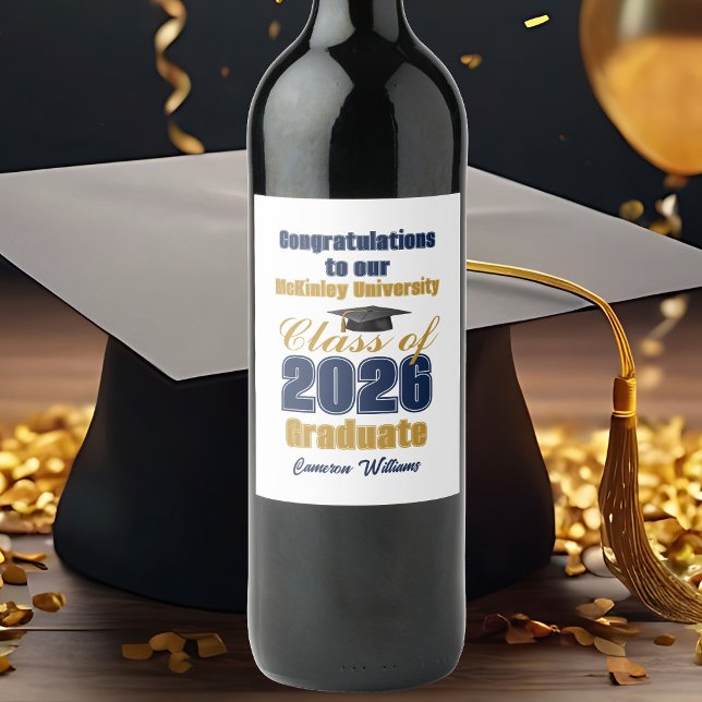 Navy Blue Gold Class of 2026 Graduation Party Wine Label (Creator Uploaded)