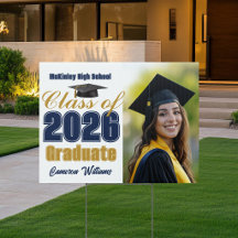 Navy Blue Gold Class of 2026 Graduation Photo Yard