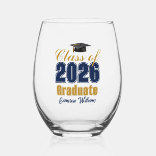 Navy Blue Gold Class of 2026 Graduation Stemless Wine Glass