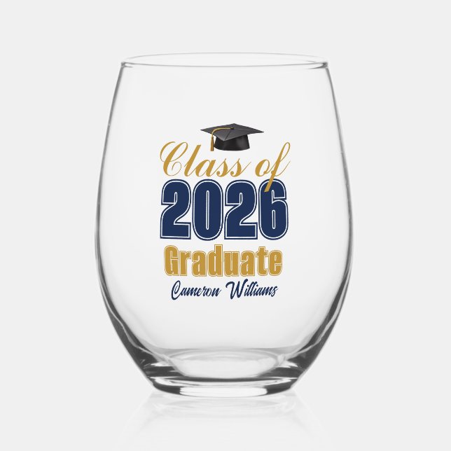 Navy Blue Gold Class of 2026 Graduation Stemless Wine Glass (Front)