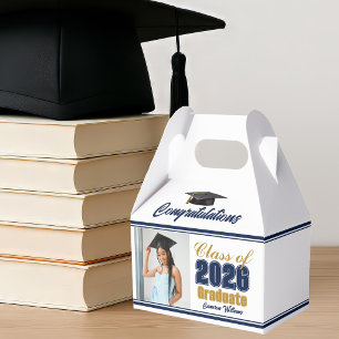 Navy Blue Gold Class of 2026 Photo Graduation Favor Boxes