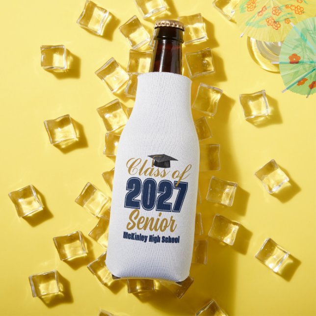 Navy Blue Gold Class of 2027 Senior Customized Bottle Cooler (In Situ Summer)