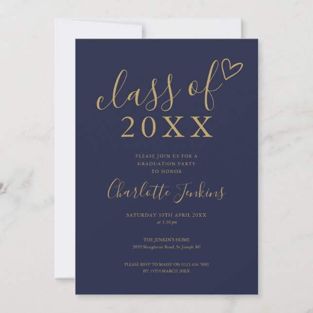 Navy Blue Gold Class of Script Graduation Party Invitation (Front)