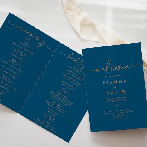 Navy Blue Gold Classic Folded Wedding Program