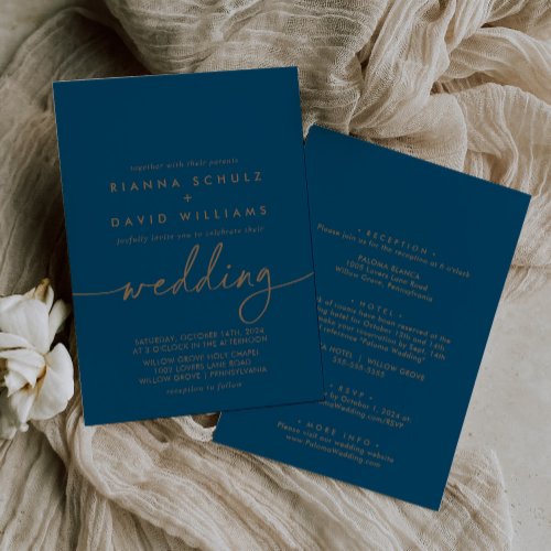  Navy Blue Gold Classic Front  Back Wedding Invitation