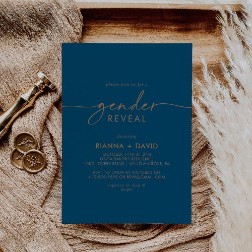 Navy Blue Gold Classic Gender Reveal Party Invitation