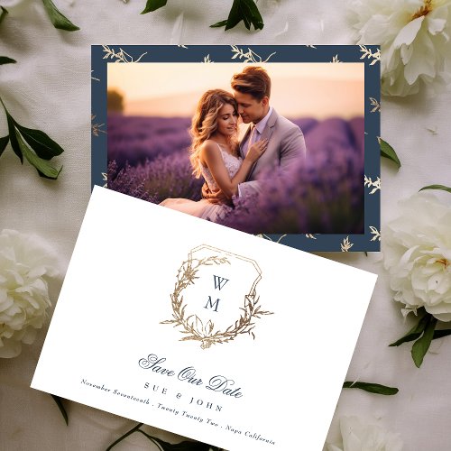 Navy Blue Gold Classic Monogram Crest Wedding Save The Date