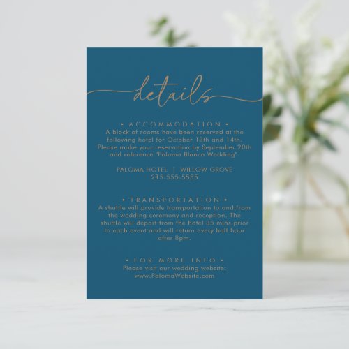 Navy Blue Gold Classic Wedding Details Enclosure Card