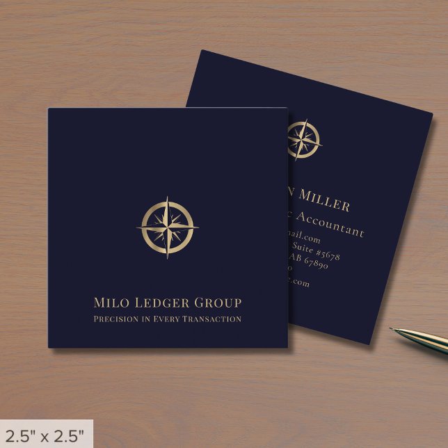 Navy Blue Gold Compass Logo Square Business Card (Creator Uploaded)