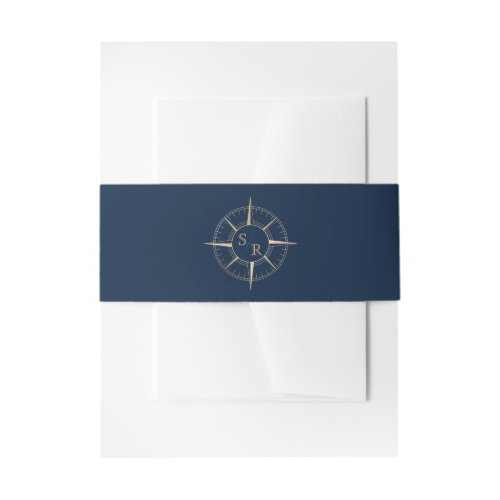 Navy Blue Gold Compass Monogram Passport Invitation Belly Band