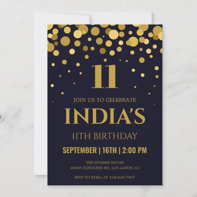 Navy Blue & Gold Confetti 11th birthday Invitation (Front)