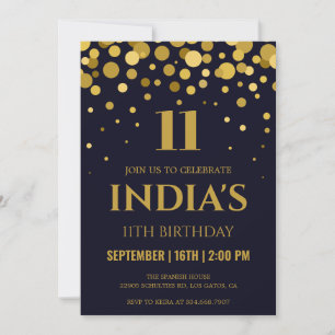 Navy Blue & Gold Confetti 11th birthday Invitation