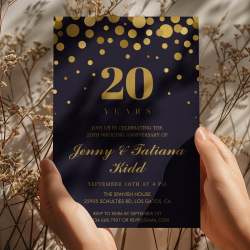 Navy Blue  Gold Confetti 20th wedding anniversary Invitation