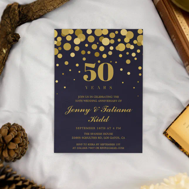Navy Blue & Gold Confetti 50th wedding anniversary Invitation | Zazzle