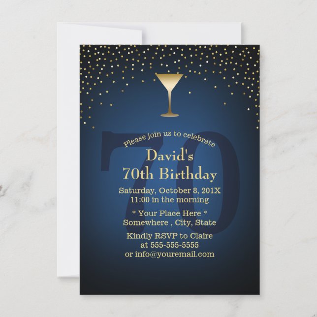Navy Blue Gold Confetti 70th Birthday Wine Party Invitation (Front)