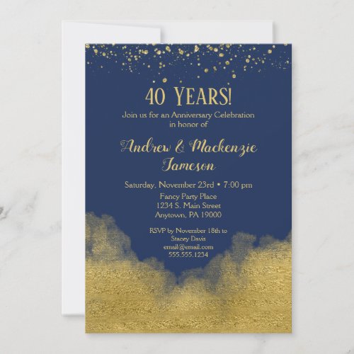 Navy Blue Gold Confetti Anniversary Invitation