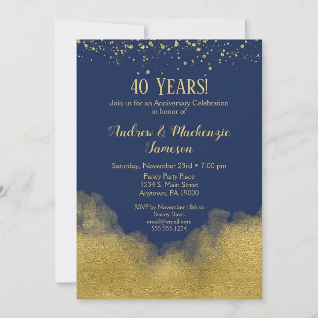 Navy Blue Gold Confetti Anniversary Invitation (Front)