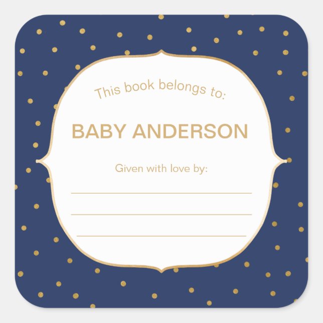 Navy Blue + gold confetti baby shower bookplate (Front)