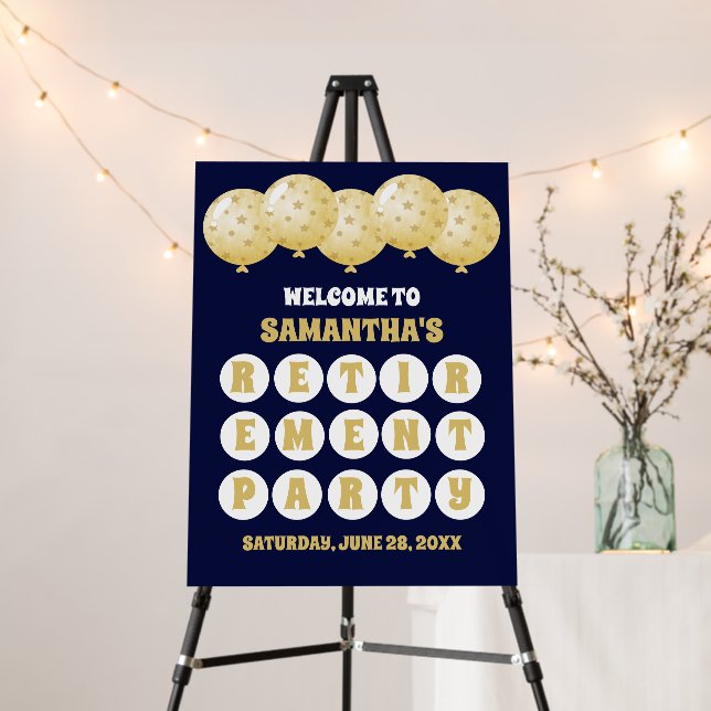 Navy Blue Gold Confetti Balloon Retirement Welcome Foam Board (In Situ (Stand))