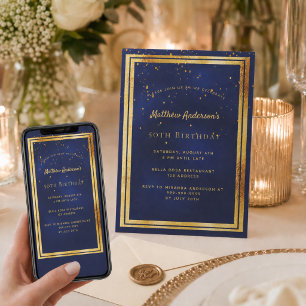 Navy blue gold confetti birthday invitation