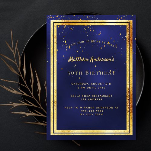 Navy blue gold confetti birthday invitation