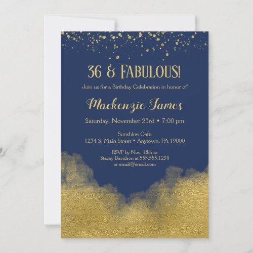 Navy Blue Gold Confetti Birthday Invitation