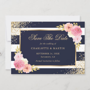 Navy Blue Gold Confetti Blush Pink Floral Wedding Save The Date